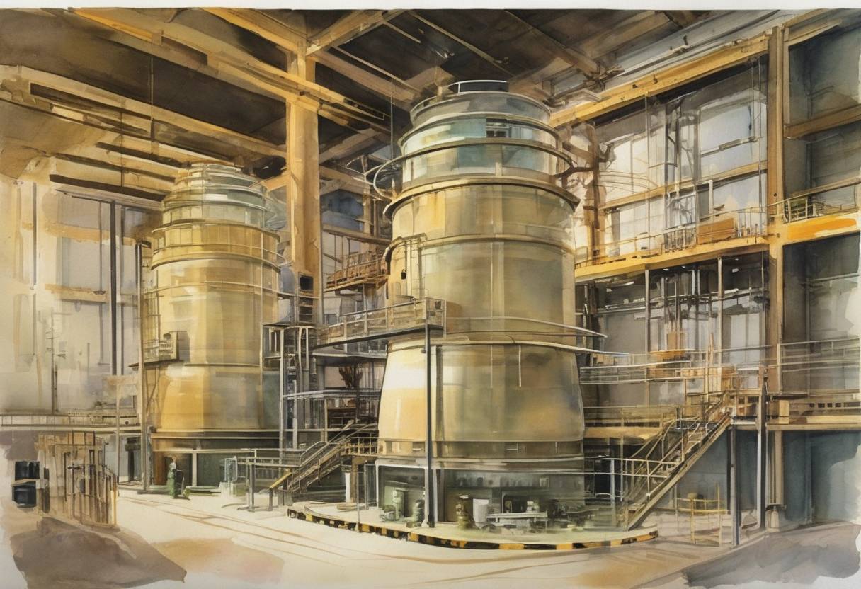 Watercolor painting based depiction of The experimental Breeder Reactor I in Idaho produced electricity for the first time, marking a milestone in nuclear power development. (1951)