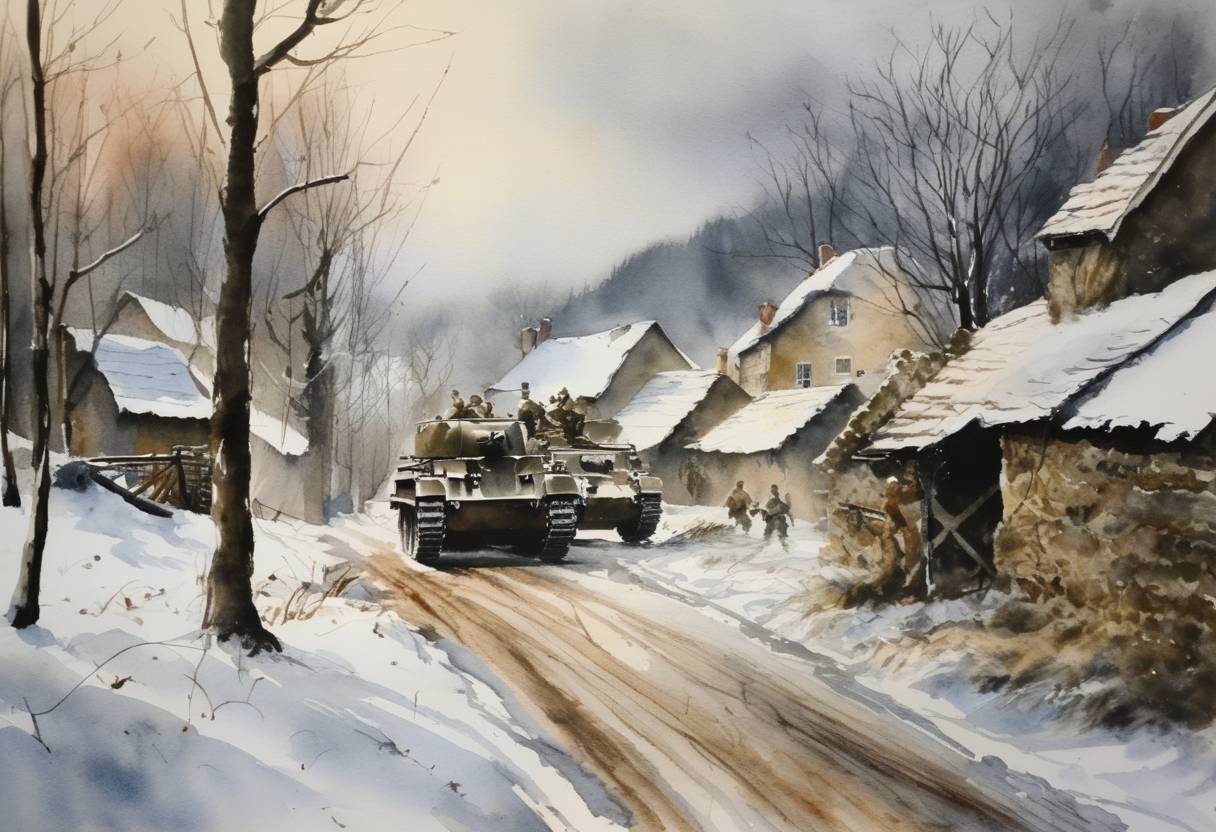 Watercolor painting based depiction of The Battle of the Bulge ended with an Allied victory, marking a turning point in the European theater of World War II as German forces were pushed back across the Western front in Europe. (1945)