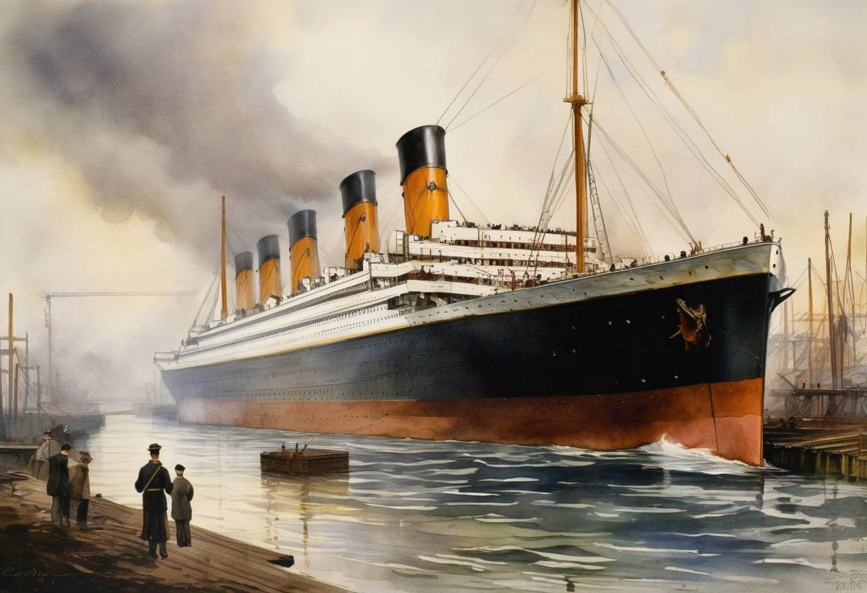 Watercolor painting based depiction of The RMS Titanic officially began construction with the laying of its keel. The construction took place at the Harland and Wolff shipyard. (1910)
