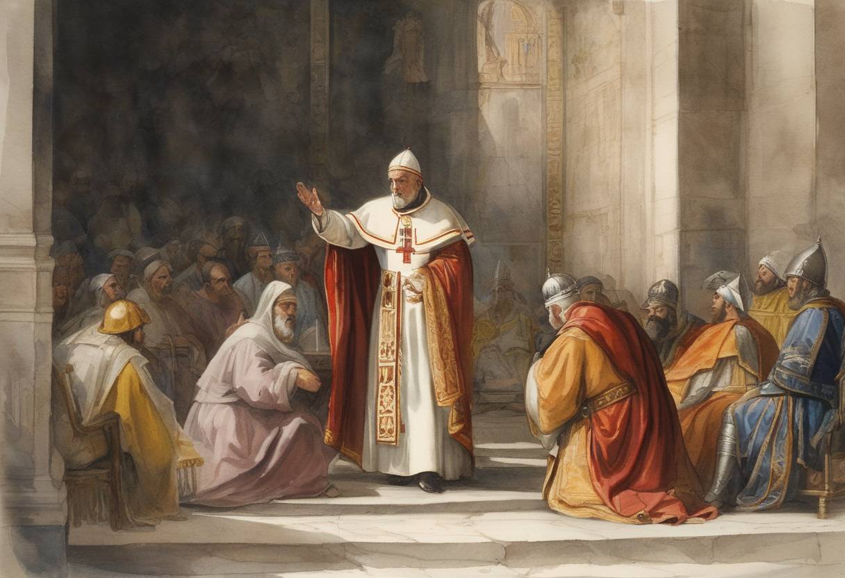 Watercolor painting based depiction of Pope Clement III died. He played a significant role in mediating between the Holy Roman Empire and the Kingdom of Sicily, and also launched the Third Crusade in an effort to reclaim the Holy Land for Christendom. (1191)