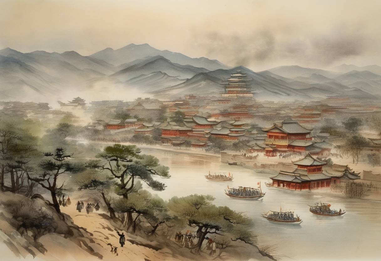 Watercolor painting based depiction of The First Sino-Japanese War officially began as China declared war on Japan, marking the start of military conflict over influence in Korea. (1894)