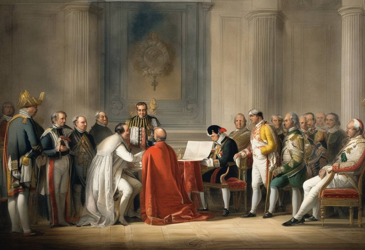 Watercolor painting based depiction of The Treaty of Tolentino is signed by Napoleon Bonaparte and representatives from the Papal States, imposing a heavy financial indemnity on the papacy. (1797)