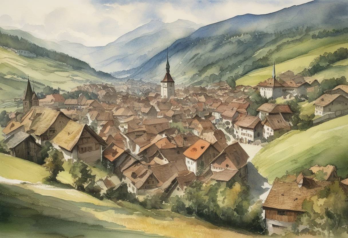 Watercolor painting based depiction of In Switzerland, the Second War of Kappel ended with the Treaty of Kappel. It concluded with the Catholics defeating the Protestant forces led by the city of Zurich. The Peace of Kappel confirmed the religious territorial division between the Catholic and Protestant cantons, allowing each canton to choose its own religion. (1531)