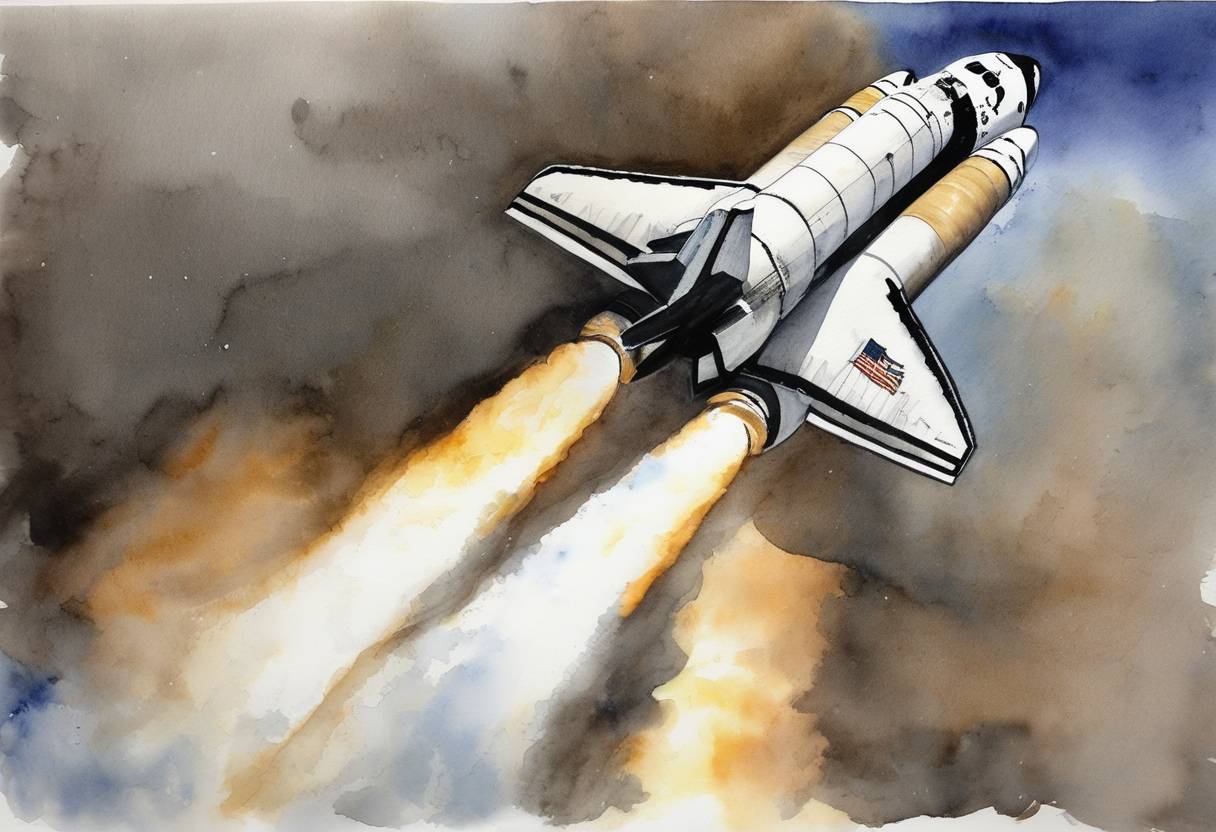 Watercolor painting based depiction of NASA's Space Shuttle Discovery launched on mission STS-119, delivering the final set of solar arrays to the International Space Station (ISS), enhancing its power capability. (2009)