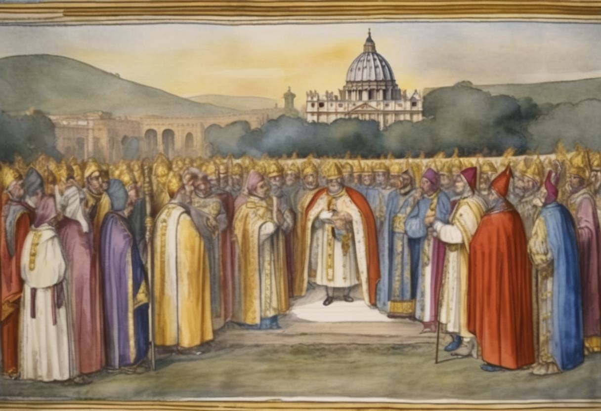 Watercolor painting based depiction of Pope Eugene III issued the papal bull 'Quantum praedecessores,' calling for the Second Crusade, responding to the fall of the County of Edessa the previous year. (1145)