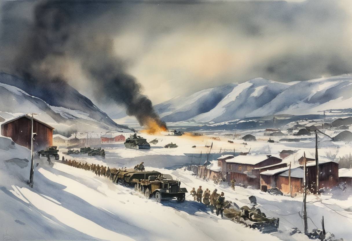 Watercolor painting based depiction of World War II: The Western Allies launched their first large-scale attack in the Battle of Narvik. Although the battle was ultimately a tactical victory, strategic complications led to an evacuation from Norway days later. (1940)