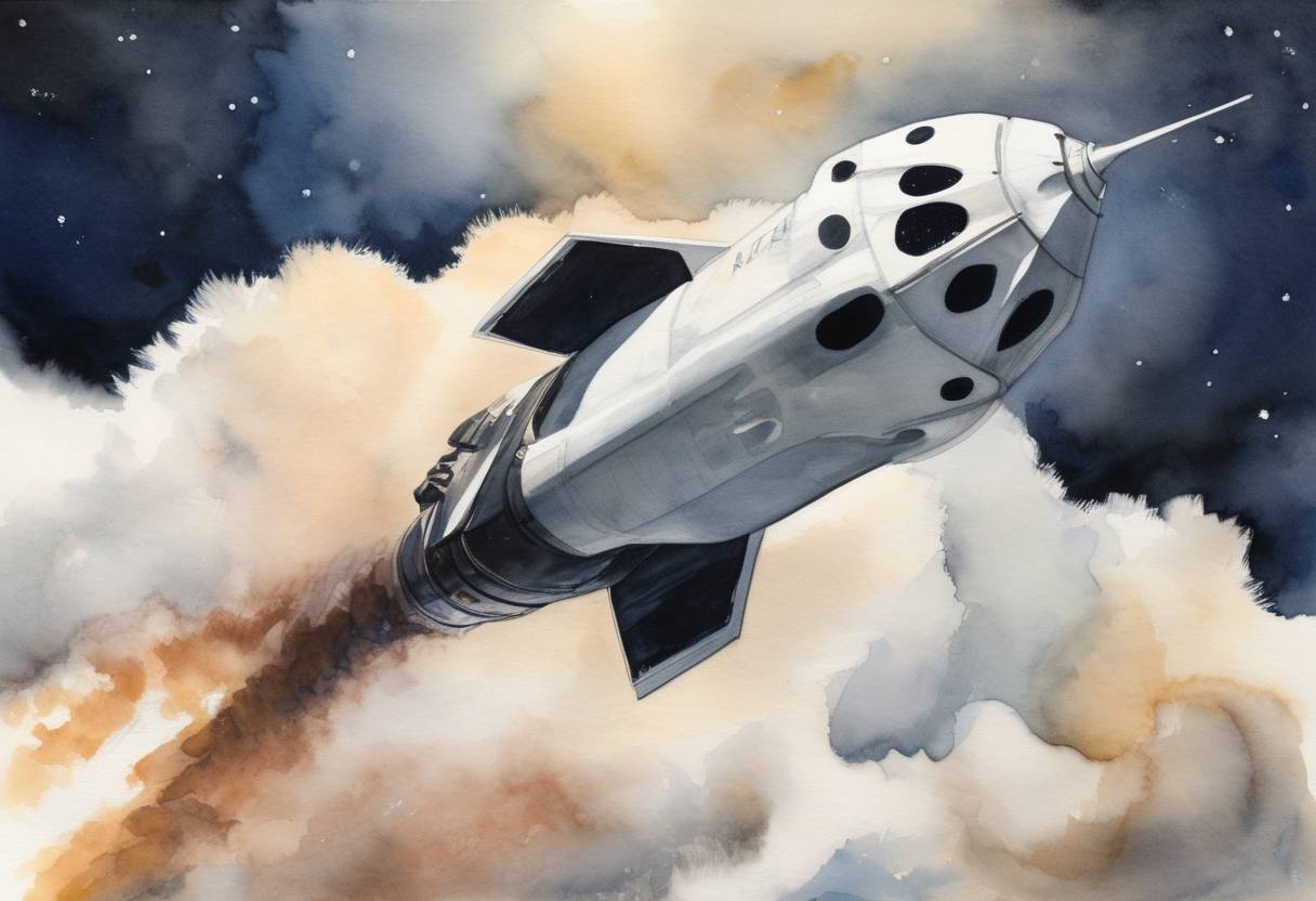 Watercolor painting based depiction of SpaceX’s Crew Dragon spacecraft successfully launched on its maiden flight, DM-1, as part of NASA's Commercial Crew Program. (2019)