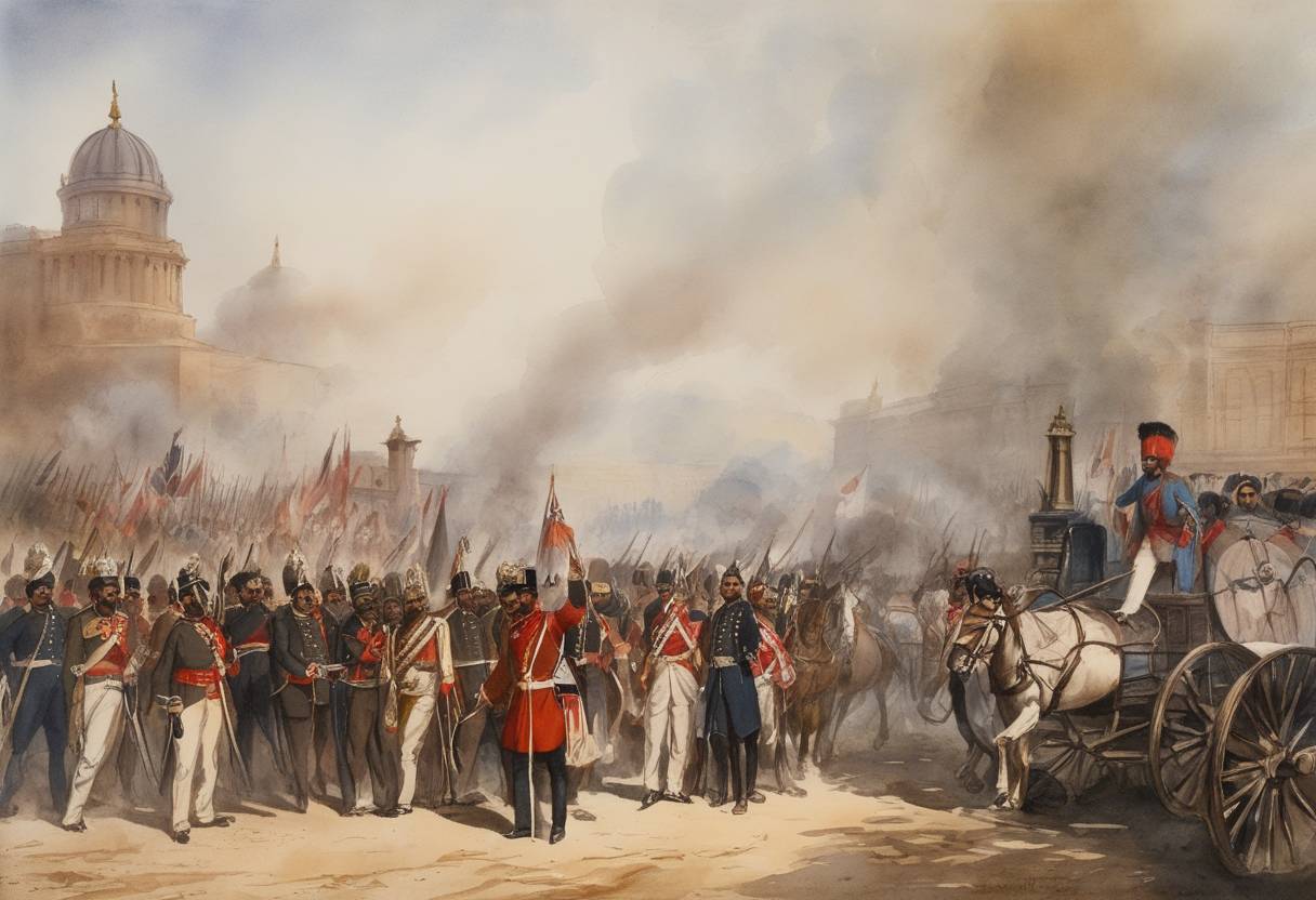 Watercolor painting based depiction of The Indian Rebellion of 1857, also known as the Sepoy Mutiny, officially ends as Queen Victoria declares direct British control of India. (1907)
