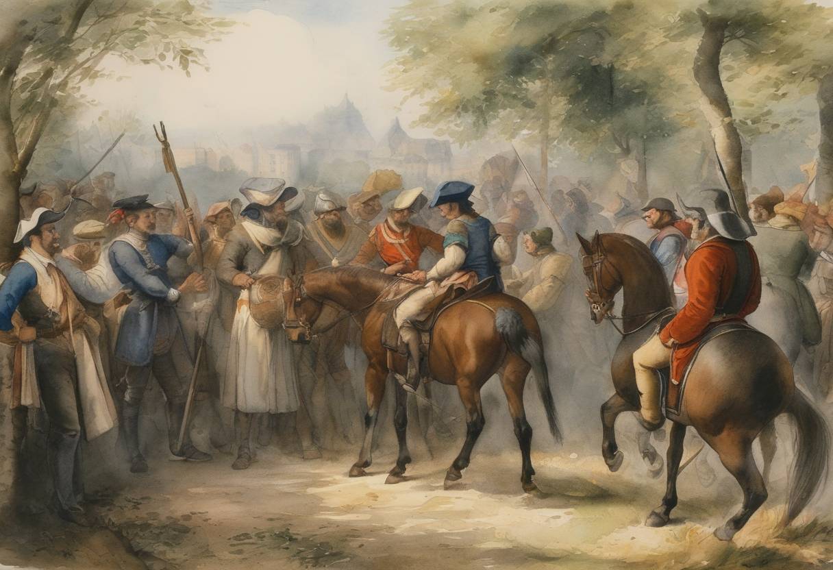 Watercolor painting based depiction of The Treaty of Paris was signed, marking the end of the Flemish peasant revolt, also known as the Peasants' War. The revolt was against the Count of Flanders, who sought to impose higher taxes on the farmers. This treaty helped restore peace in the region and reinforced the count's authority. (1323)