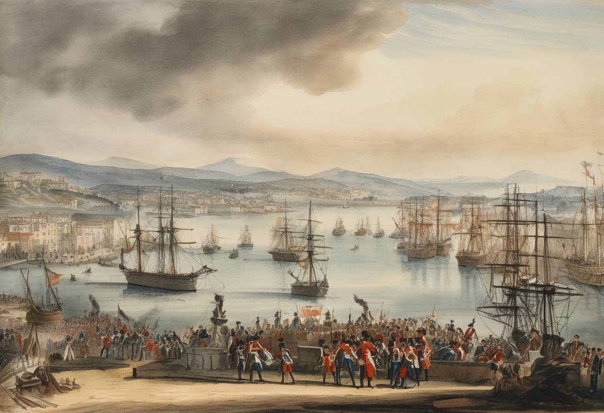 Watercolor painting based depiction of The British blockade the French port of Toulon, an event that is among the numerous naval engagements of the War of the Austrian Succession. (1744)