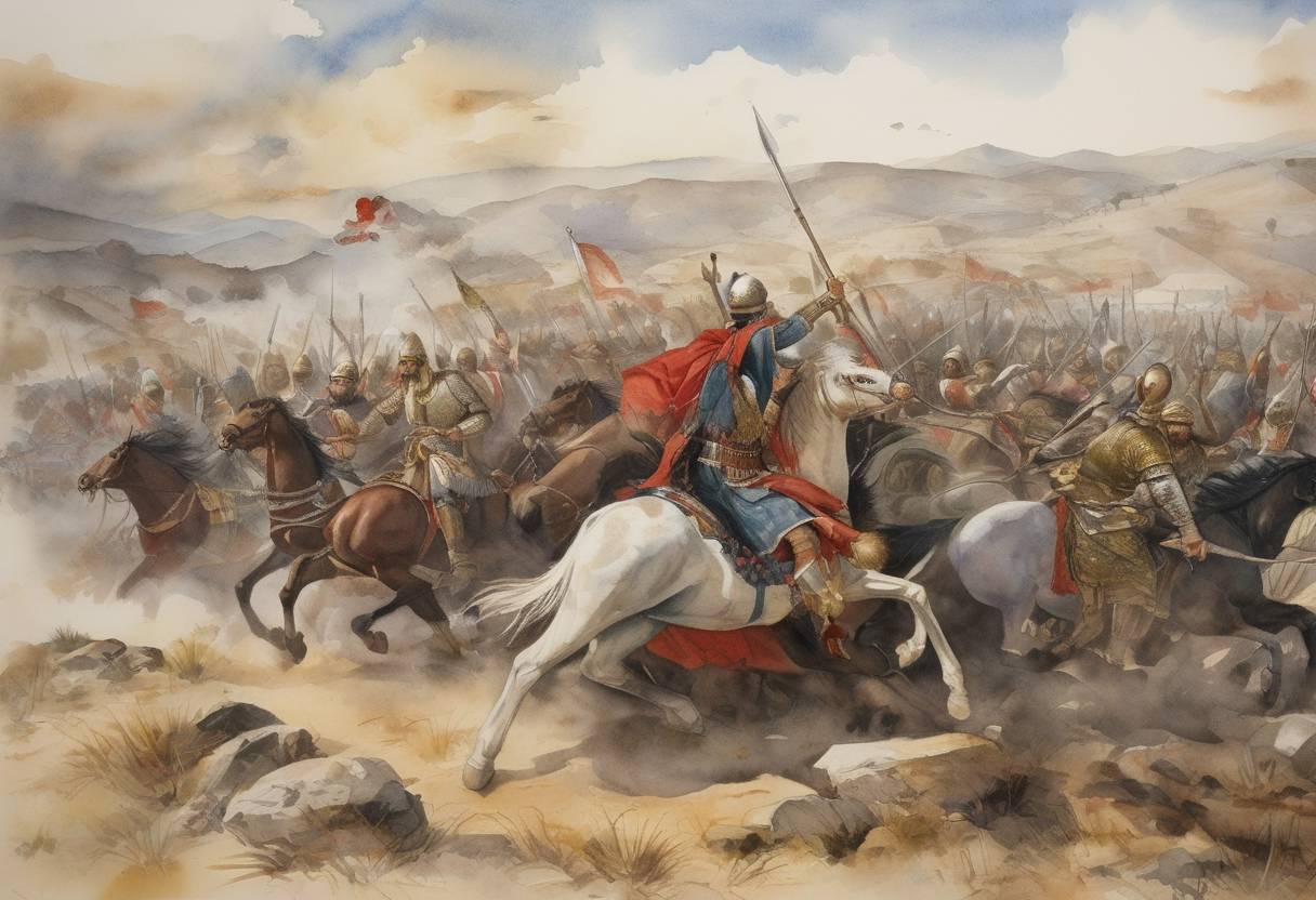 Watercolor painting based depiction of The Battle of Manzikert takes place wherein the Byzantine Empire, led by Emperor Romanos IV Diogenes, suffers a significant defeat at the hands of the Seljuk Turks under Sultan Alp Arslan, marking a turning point that led to the decline in Byzantine authority in Anatolia. (1071)