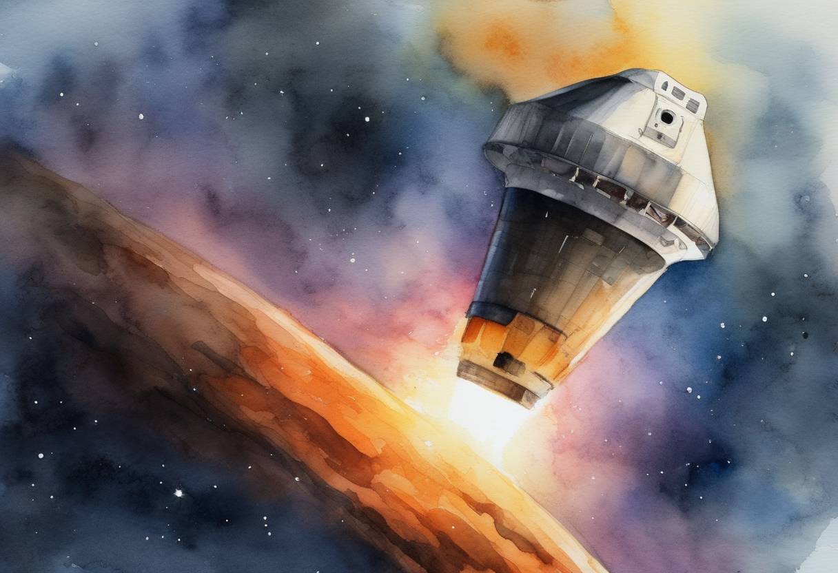 Watercolor painting based depiction of NASA's Lucy spacecraft sends first signal back to Earth as it continues its mission to study the Trojan asteroids orbiting Jupiter. (2021)