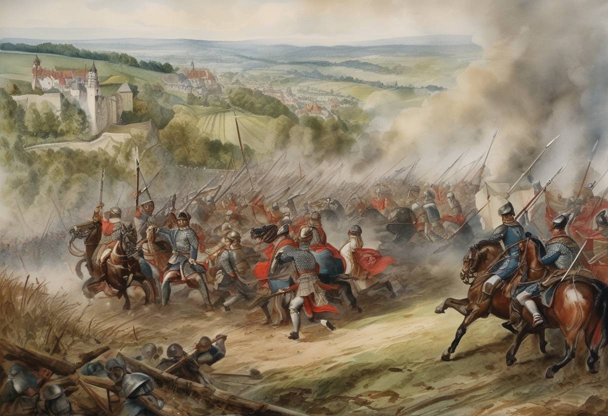 Watercolor painting based depiction of The Battle of Andernach took place where the German forces under King Otto I defeated a rebellion led by Eberhard of Franconia and Gilbert of Lorraine. This victory solidified Otto's power and was a crucial step in the consolidation of the Holy Roman Empire. (939)