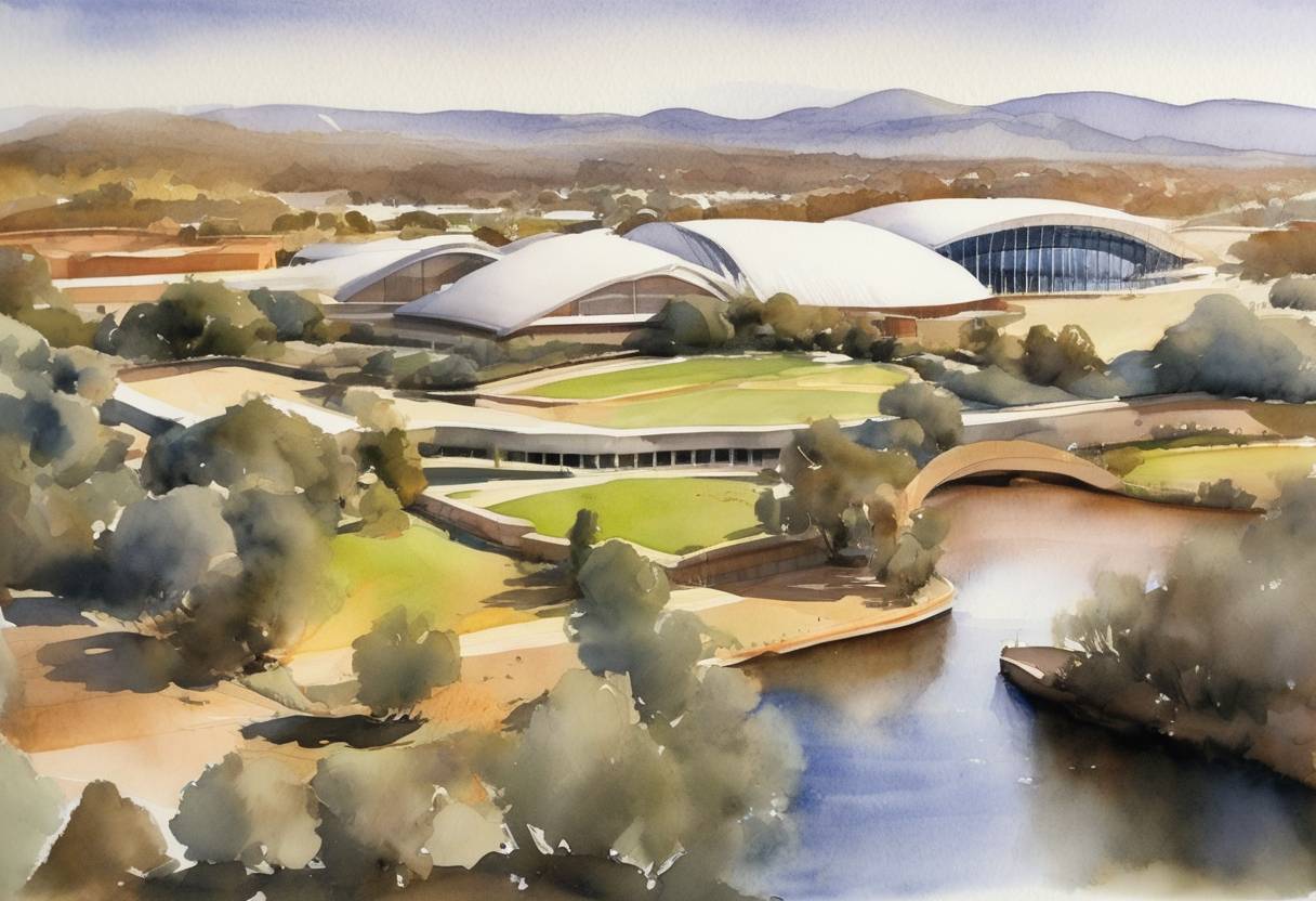 Watercolor painting based depiction of The National Museum of Australia Act came into effect, establishing the National Museum of Australia, which focuses on three main themes: land, nation, and people. (2000)