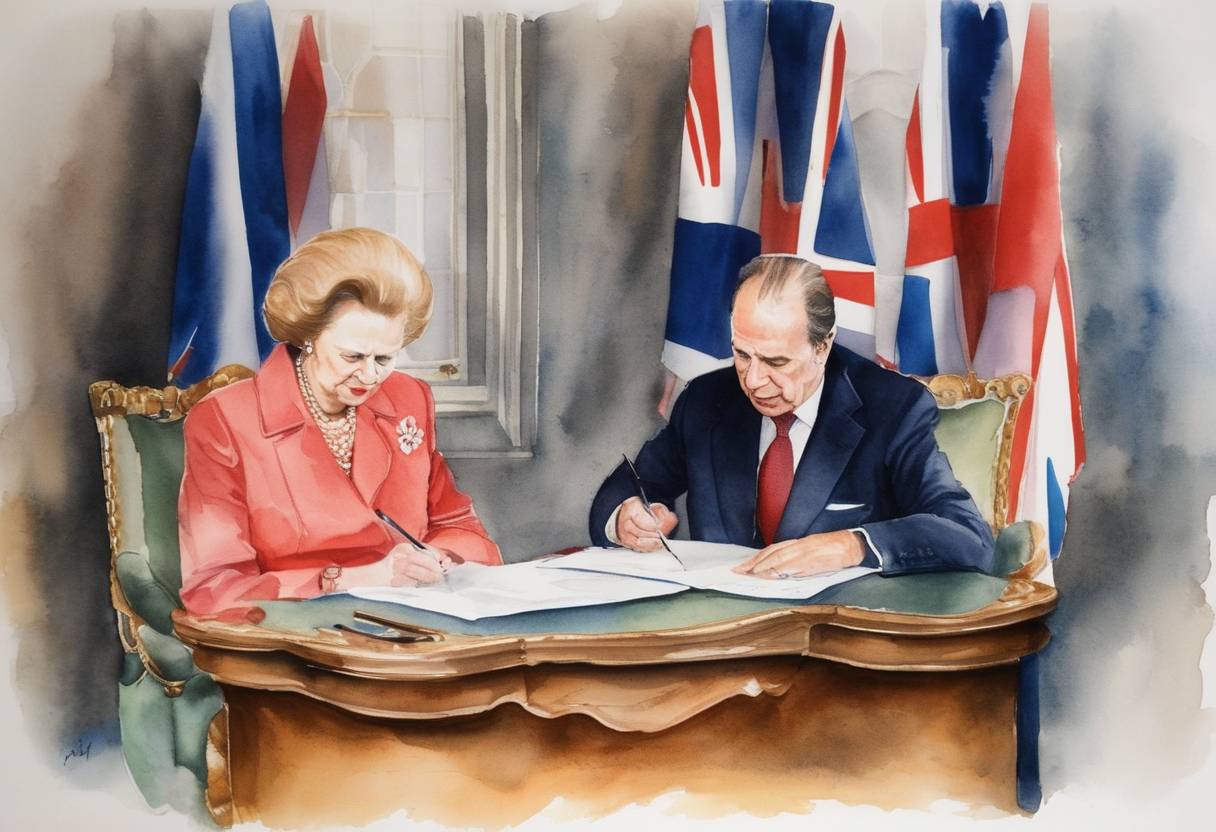 Watercolor painting based depiction of British Prime Minister Margaret Thatcher and French President François Mitterrand sign the Treaty of Canterbury, formally establishing the Franco-British Channel Tunnel project, which will create an underwater rail link between the United Kingdom and France. (1987)
