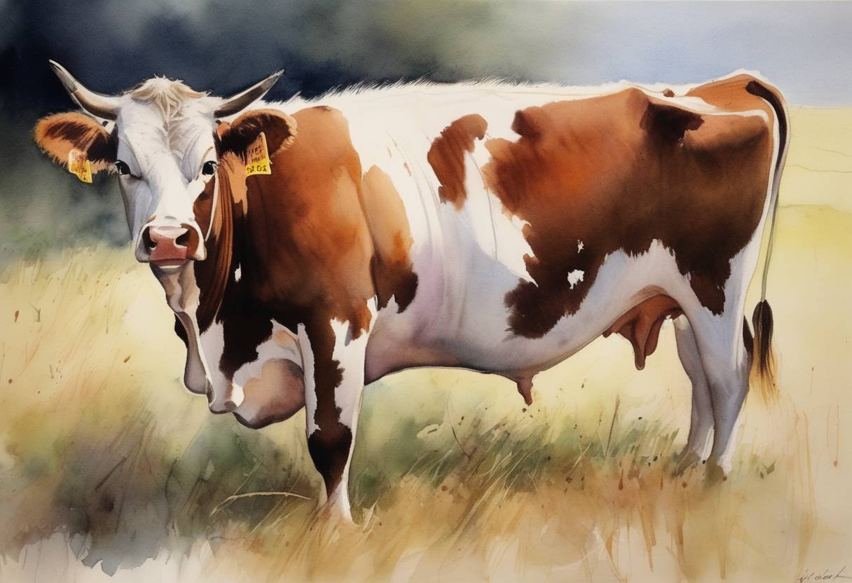 Watercolor painting based depiction of The United States' Secretary of Agriculture Dan Glickman declared a ban on the slaughter of downer cattle, following an outbreak of mad cow disease concerns. (1998)