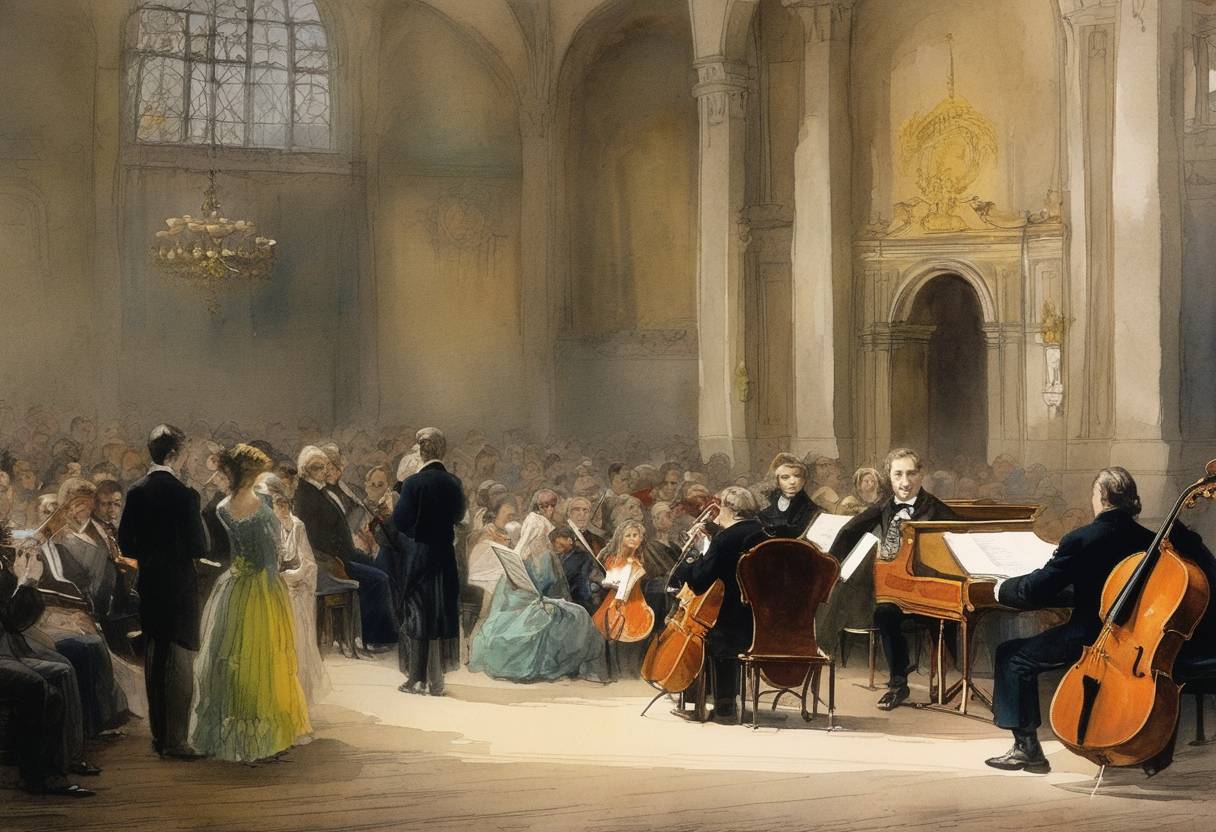 Watercolor painting based depiction of The first performance of Franz Liszt's symphonic poem 'From the Cradle to the Grave' took place in Budapest. (1885)