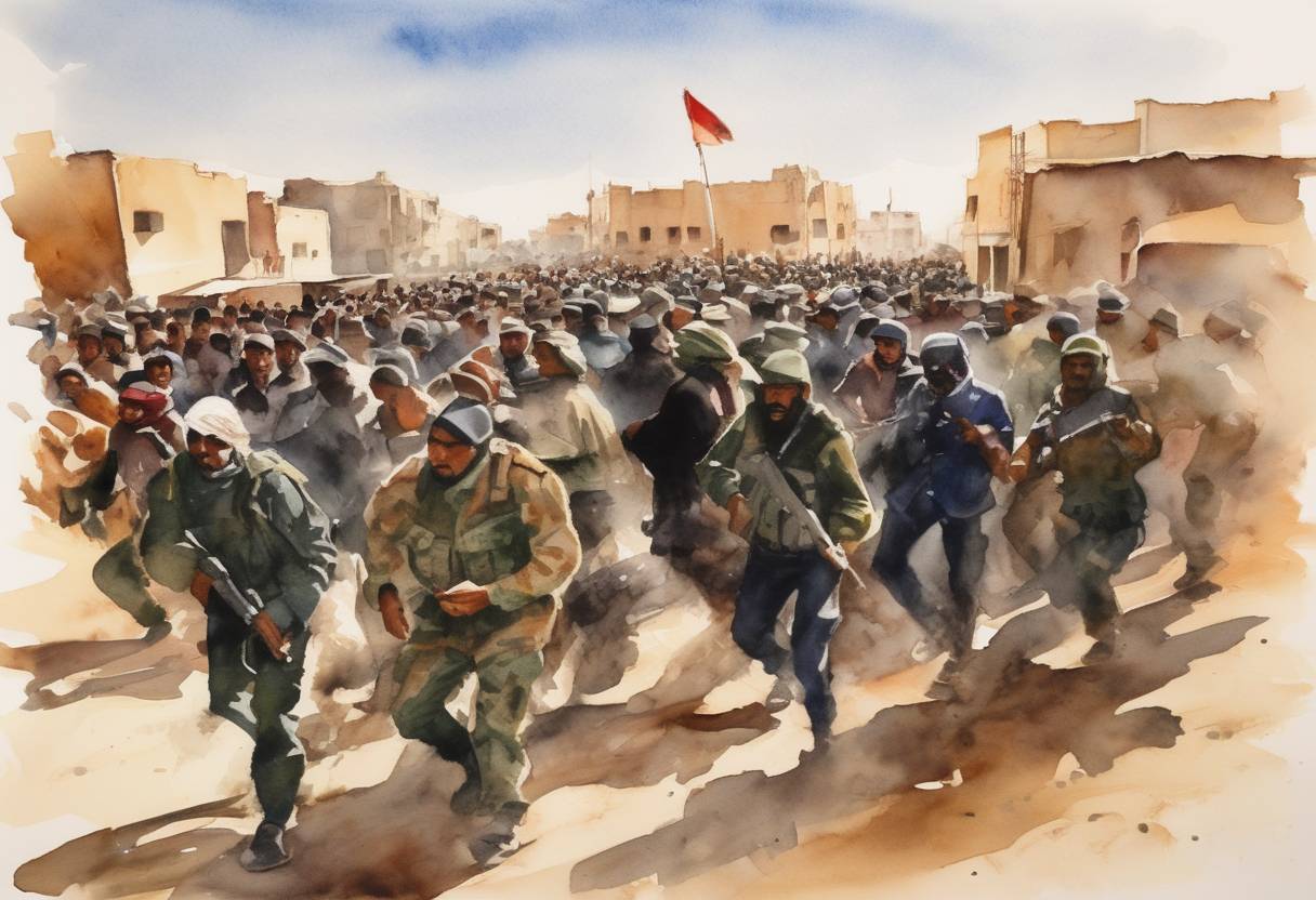 Watercolor painting based depiction of The military forces of the Moroccan government violently disperse hundreds of Sahrawi demonstrators in Laayoune, Western Sahara. (2005)