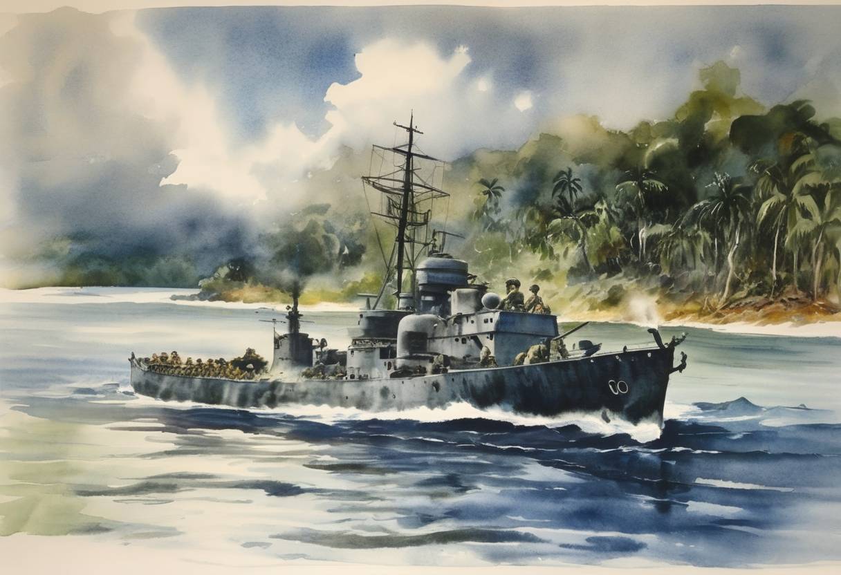 Watercolor painting based depiction of The Battle of Rennell Island, the last major naval battle of the Guadalcanal Campaign, begins. (1943)