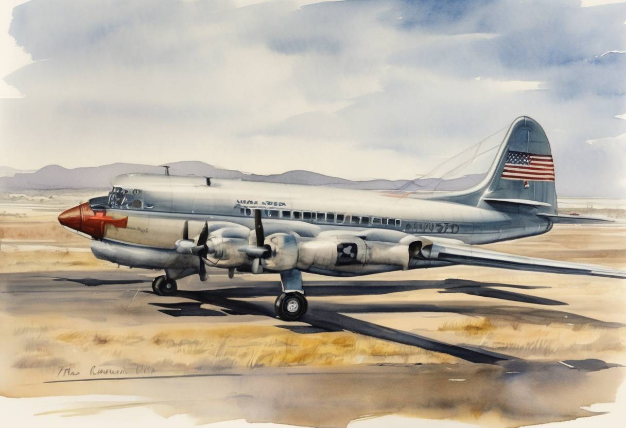 Watercolor painting based depiction of The first flight of the airliner Convair CV-240-2 takes place, marking a significant point in aviation history. (1950)