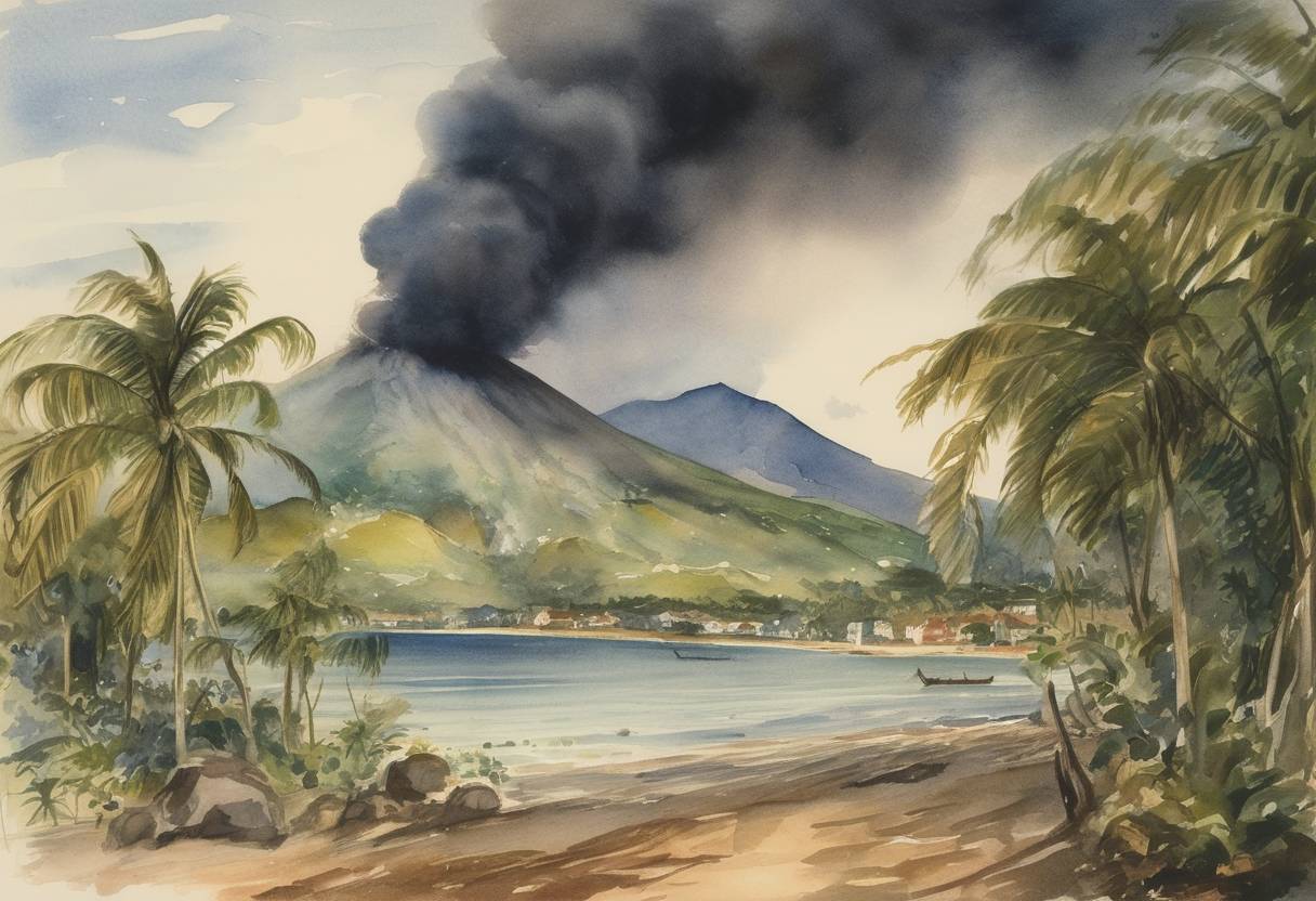 Watercolor painting based depiction of Mount Pelée erupts on the Caribbean island of Martinique, destroying the town of Saint-Pierre and killing nearly 30,000 people. (1902)