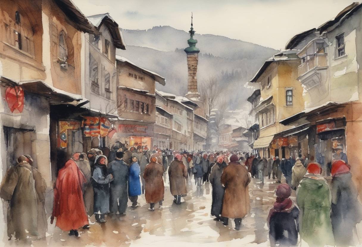 Watercolor painting based depiction of The New Year of the Bosnian Serbs is celebrated for the first time without violence, marking a step towards peace in the region. (1995)