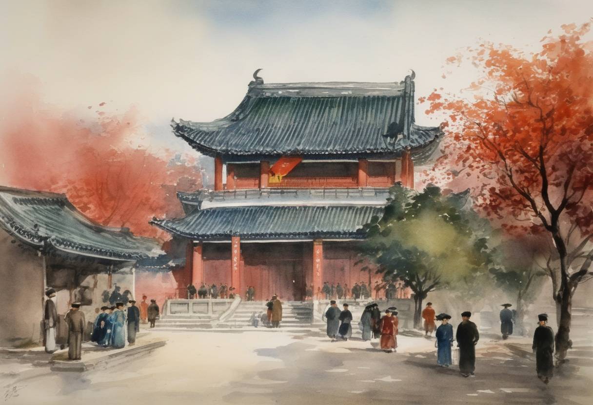 Watercolor painting based depiction of The First Legislative Yuan of the Republic of China convened for the first time in Nanking, signaling a new phase for the Nationalist government under Chiang Kai-shek after the Constitution was promulgated in 1947. (1948)