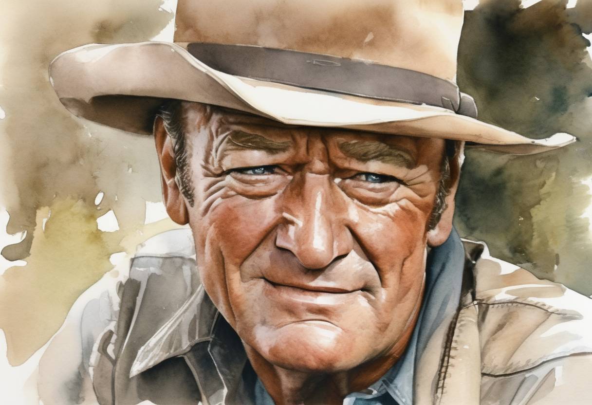 Watercolor painting based depiction of John Wayne, American actor and film icon, dies at age 72. (1979)
