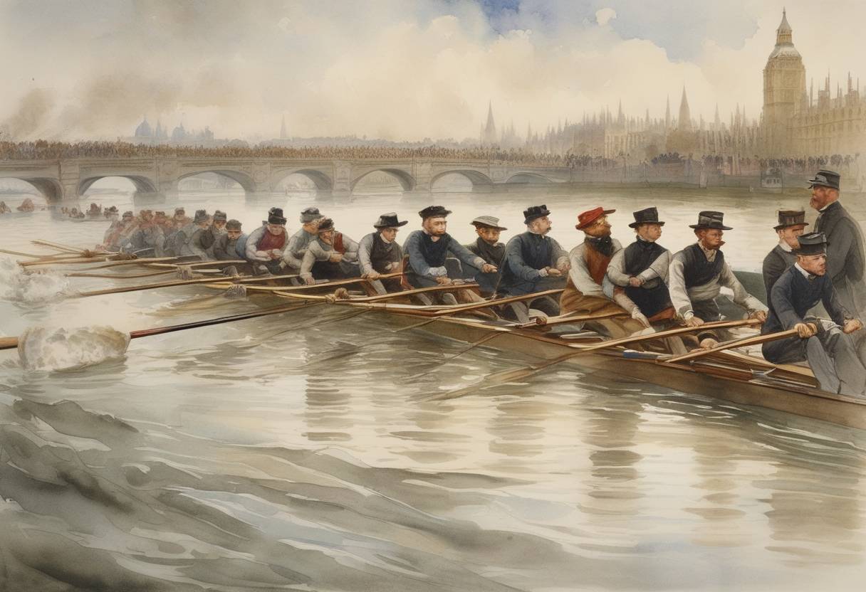 Watercolor painting based depiction of Oxford secured a resounding victory against Cambridge in the longest-ever race in the history of the Boat Race, a traditional rowing competition held annually on the River Thames. (1884)