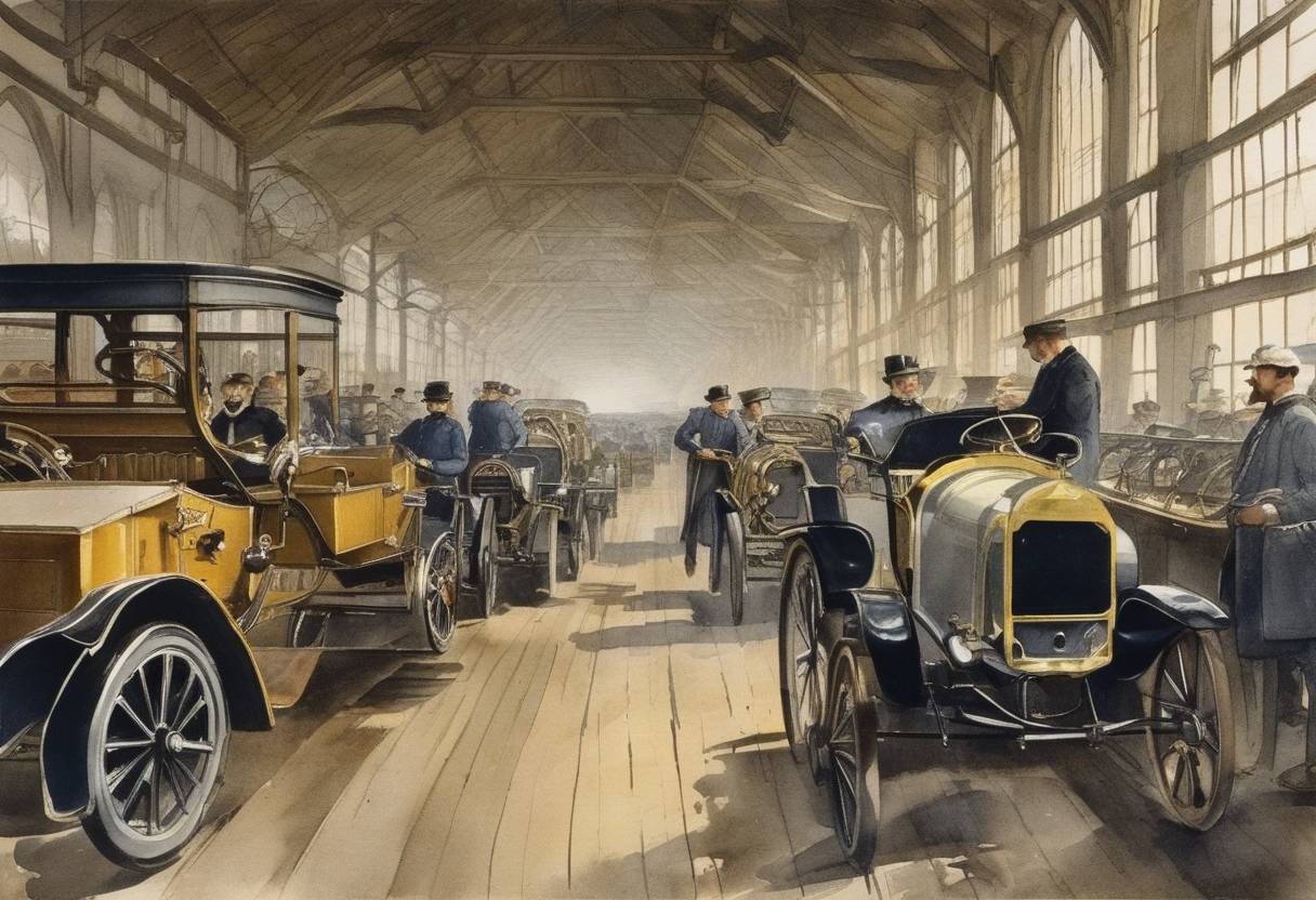 Watercolor painting based depiction of Opel begins automobile production. This marks the German company's transition from manufacturing sewing machines to producing automobiles. (1899)