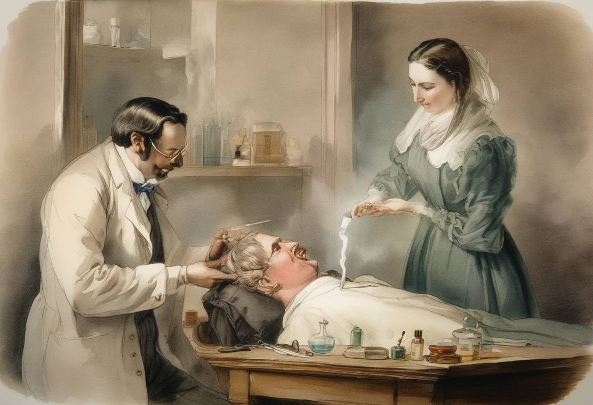 Watercolor painting based depiction of Dr. Horace Wells becomes the first person to have a tooth extracted using nitrous oxide as an anesthetic. (1844)