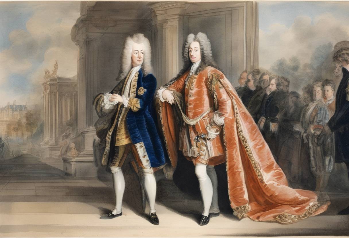 Watercolor painting based depiction of James Francis Edward Stuart, known as the 'Old Pretender', declared as King James III of England and VIII of Scotland by his supporters. This event underscored the continued conflict over the English and Scottish thrones. (1701)