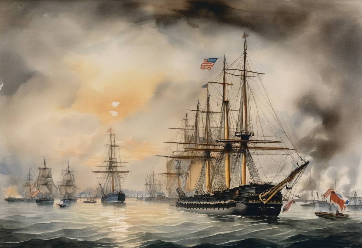 Watercolor painting based depiction of In the War of 1812, the British assault on Fort McHenry ends with its defense inspiring Francis Scott Key to write 'The Star-Spangled Banner.' (1814)