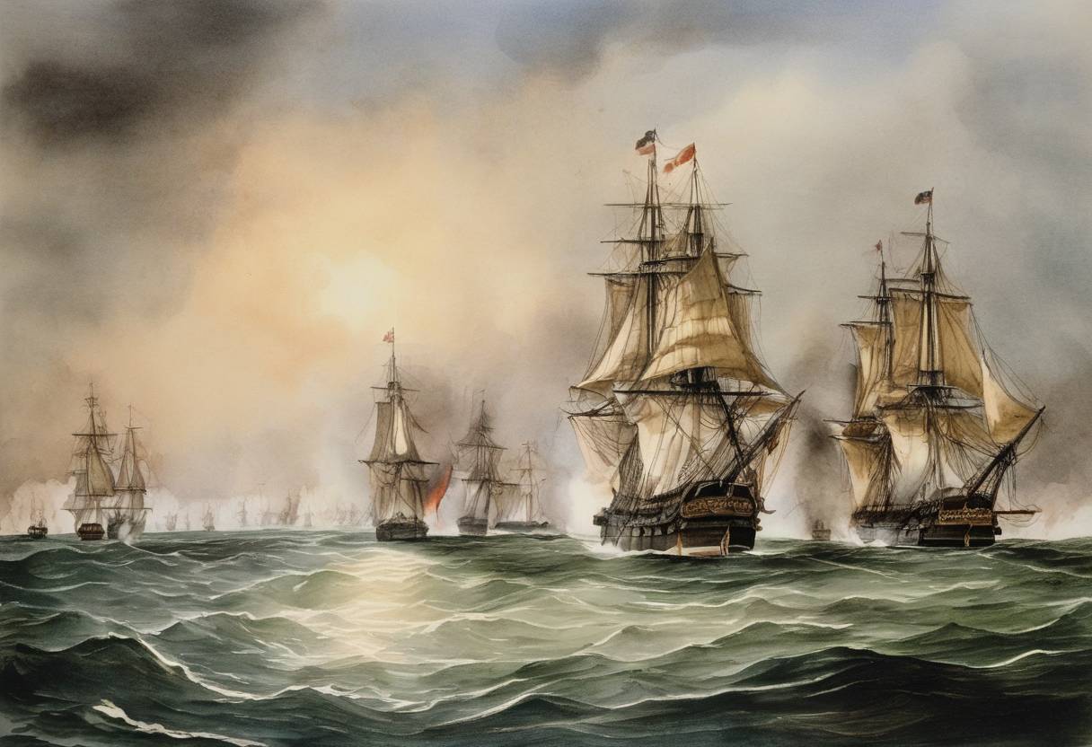 Watercolor painting based depiction of The Battle of Lake Erie took place, where United States forces under Oliver Hazard Perry defeated the British fleet. (1813)