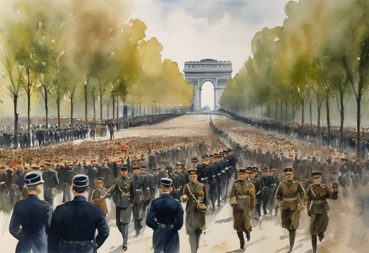 Watercolor painting based depiction of French General Charles de Gaulle marches down the Champs-Élysées in Paris, celebrating the liberation of Paris from German occupation during World War II. (1944)
