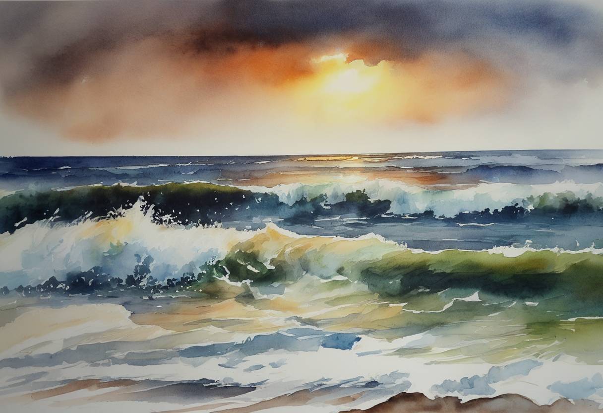 Watercolor painting based depiction of In India, Cyclone Hudhud began forming in the Bay of Bengal. It later became a severe tropical cyclone, causing widespread damage in eastern India upon making landfall on October 12. (2014)