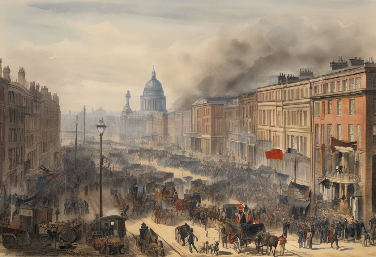 Watercolor painting based depiction of The First International, an international organization aimed at uniting a variety of different left-wing socialist, communist, and anarchist political groups and trade unions that were based on the working class and class struggle, is founded in London. (1864)