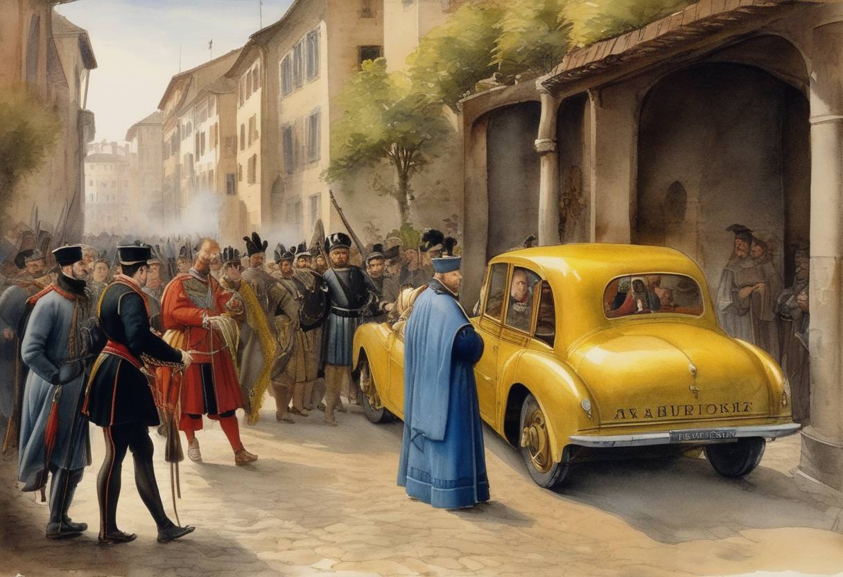 Watercolor painting based depiction of Frederick III, Holy Roman Emperor, grants the Postmaster General office to the Taxis family, making the Thurn und Taxis post one of the first modern postal services. (1471)