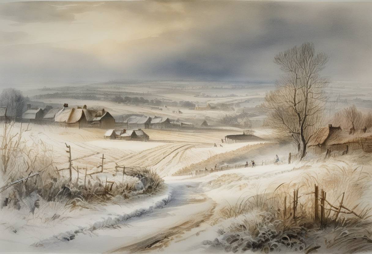 Watercolor painting based depiction of The Great Frost of 1709 began in Great Britain and parts of Europe, resulting in extensive damage to crops and harsh living conditions lasting until February 1709. (1709)