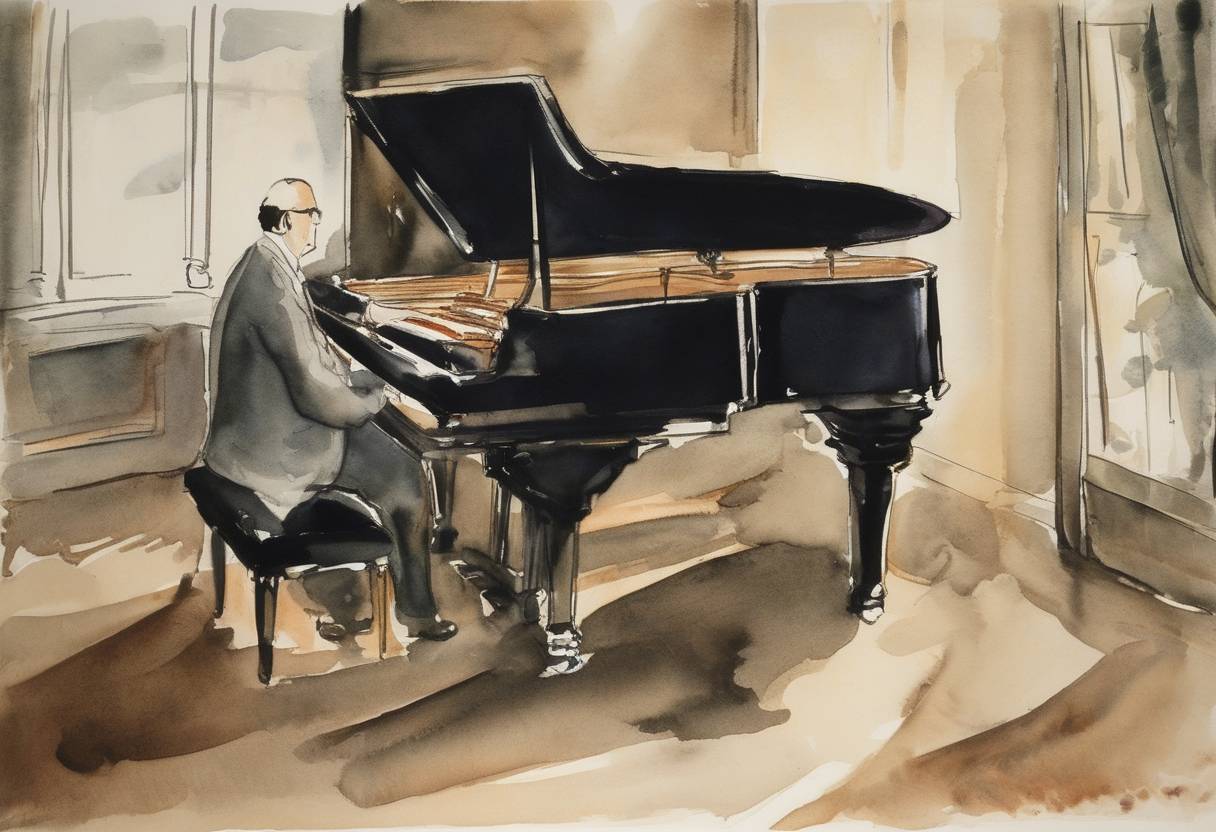 Watercolor painting based depiction of The birth of the Concerto for Piano and Wind Instruments by Igor Stravinsky took place, with the composer himself performing the solo part in its debut. (1925)