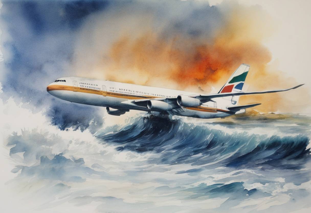 Watercolor painting based depiction of South African Airways Flight 295 crashed into the Indian Ocean, resulting in the deaths of all 159 people on board. (1987)