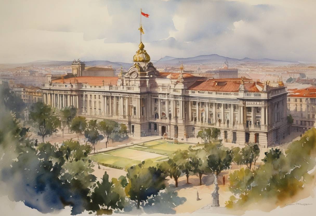 Watercolor painting based depiction of The Spanish Constitution of 1931 is enacted by the Second Spanish Republic. It established freedom of opinion, religion, and press, and introduced democratic reforms. (1931)