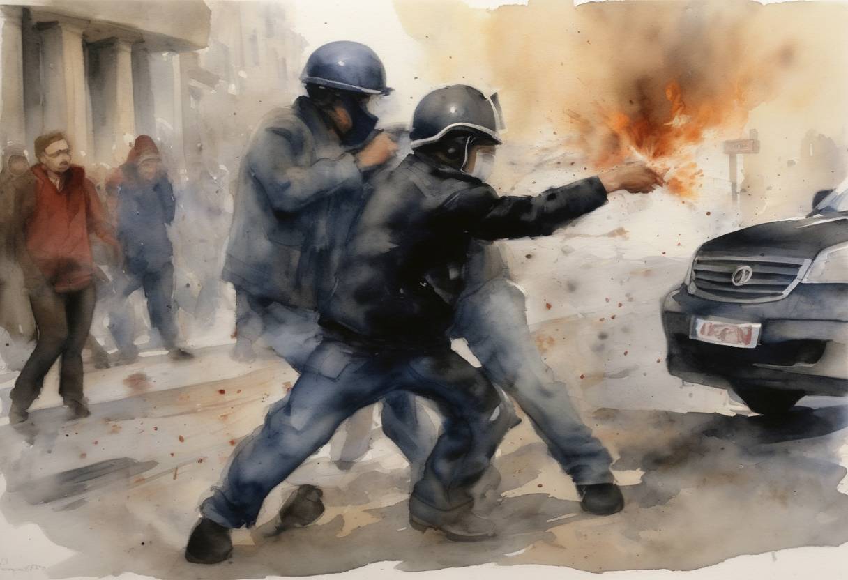 Watercolor painting based depiction of A riot breaks out in Athens, Greece, after a police officer kills 15-year-old Alexandros Grigoropoulos, sparking extensive protests and unrest across the country. (2008)