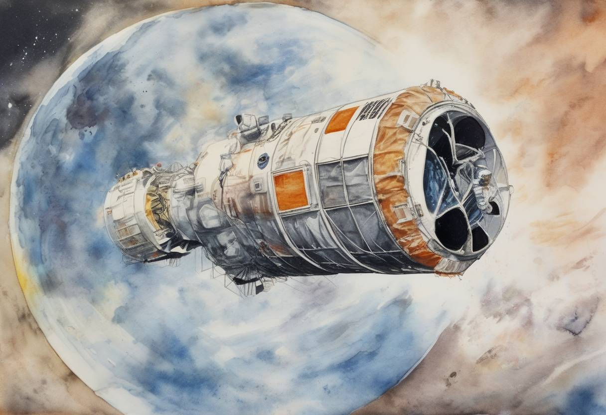 Watercolor painting based depiction of Apollo 16, the tenth crewed mission in the United States Apollo space program, was launched. It was the fifth mission to land on the Moon and the first to land in the lunar highlands. (1972)