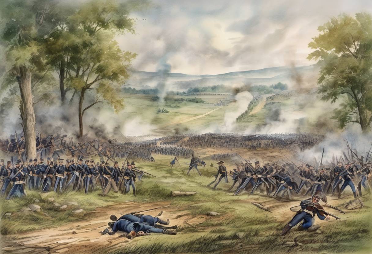 Watercolor painting based depiction of The Battle of Antietam, also known as the Battle of Sharpsburg, was fought during the American Civil War, marking the bloodiest single-day battle in American history. (1862)
