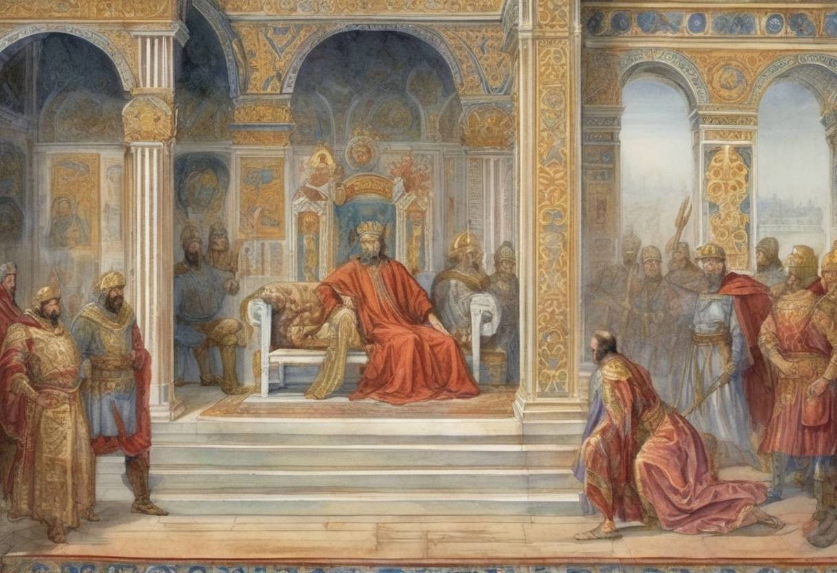 Watercolor painting based depiction of Byzantine Emperor Nikephoros II Phokas is assassinated in his palace by a conspiracy led by his wife Theophano and her lover John I Tzimiskes, who then becomes emperor. (969)