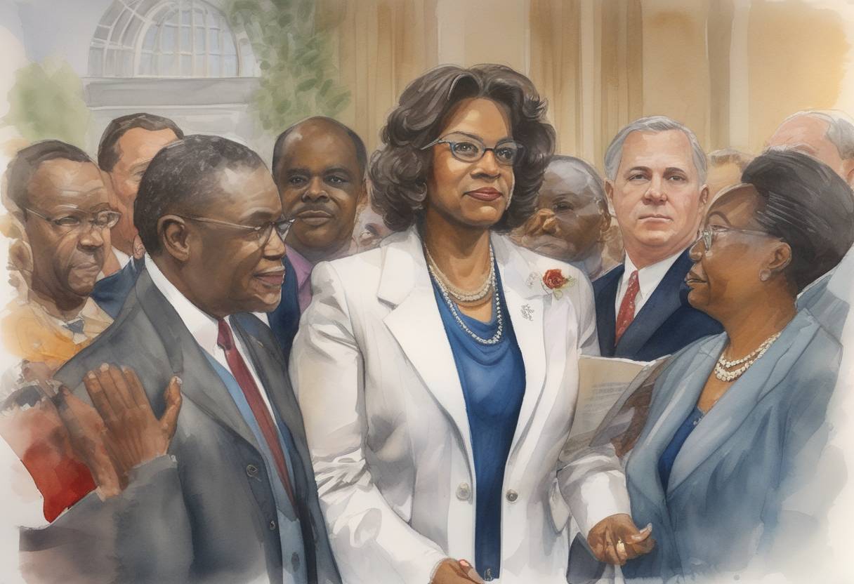 Watercolor painting based depiction of Sharon Pratt Dixon is sworn in as mayor of Washington, D.C., becoming the first African American woman to serve as mayor of a major American city. (1991)