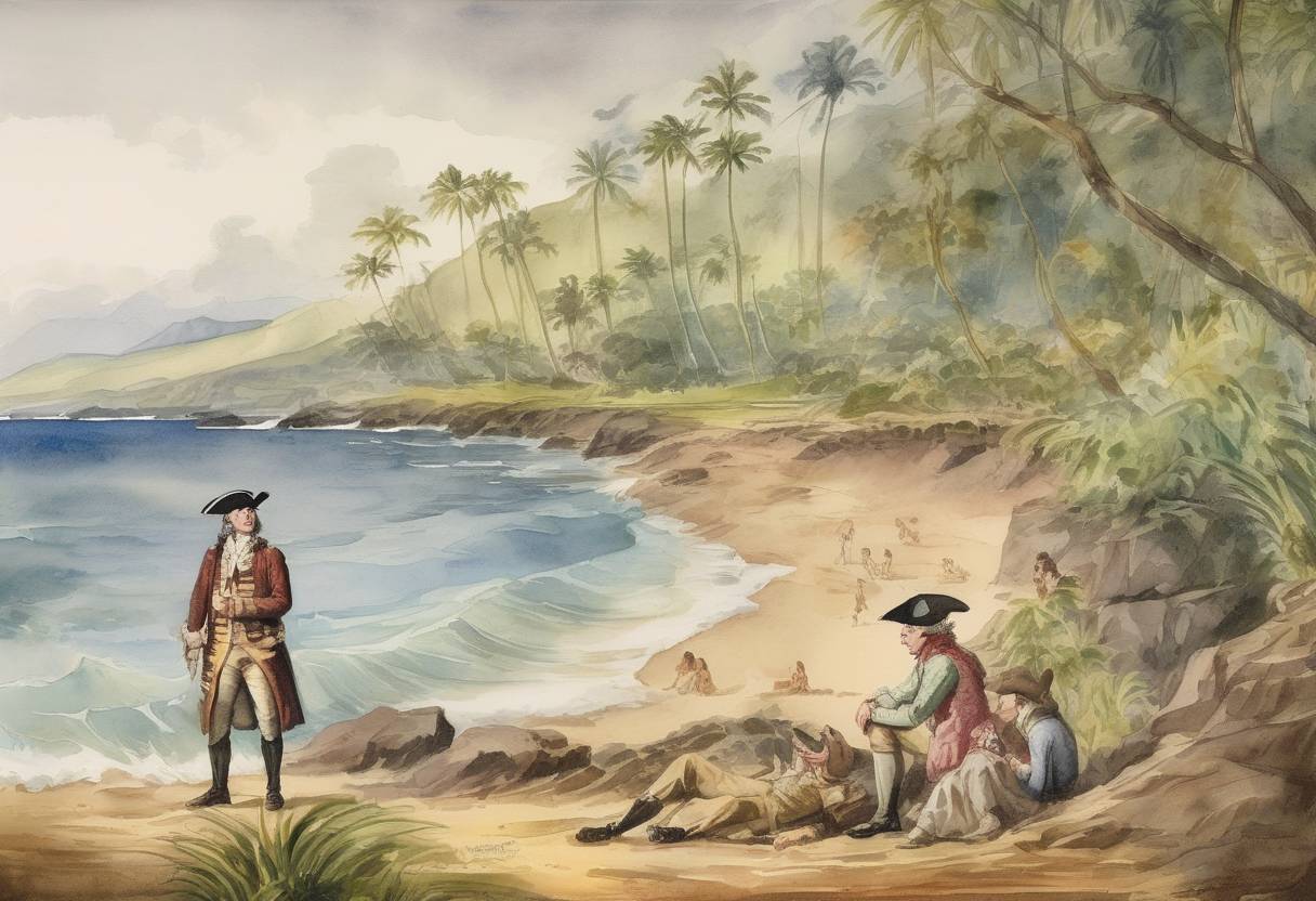 Watercolor painting based depiction of In the Hawaiian Islands, Captain James Cook becomes the first European to visit Maui. (1778)