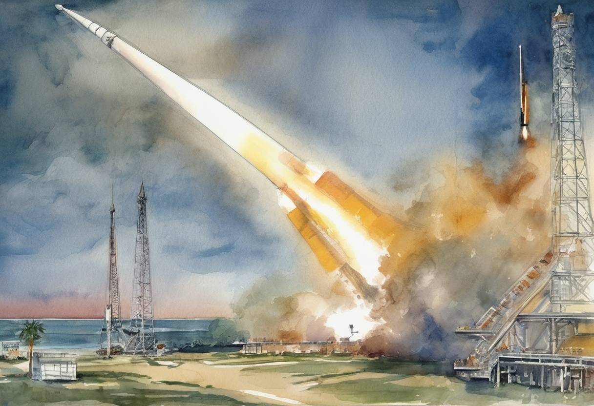 Watercolor painting based depiction of The first Saturn I rocket was successfully launched from Cape Canaveral, Florida, marking a significant step in the U.S. space program. (1961)