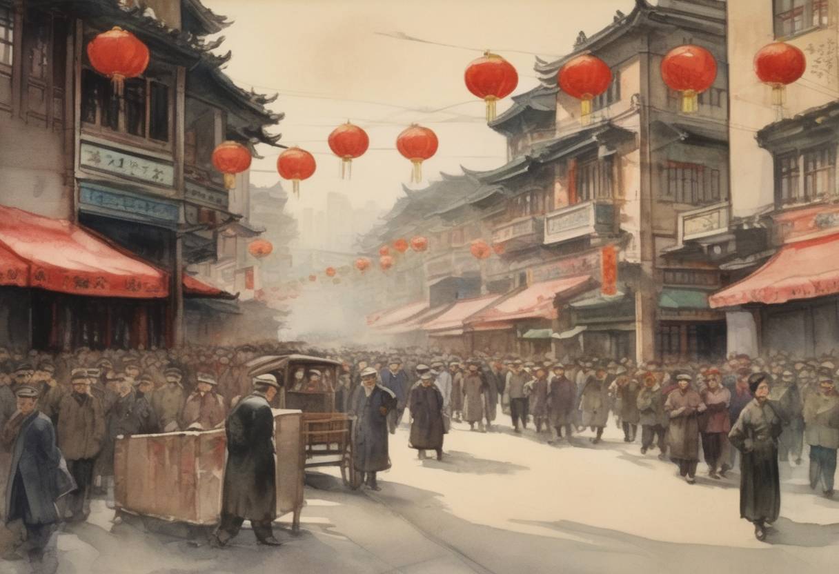 Watercolor painting based depiction of The Chinese Communist Party was founded in Shanghai, marking the beginning of a significant political movement that would eventually lead to the establishment of the People's Republic of China in 1949. (1921)